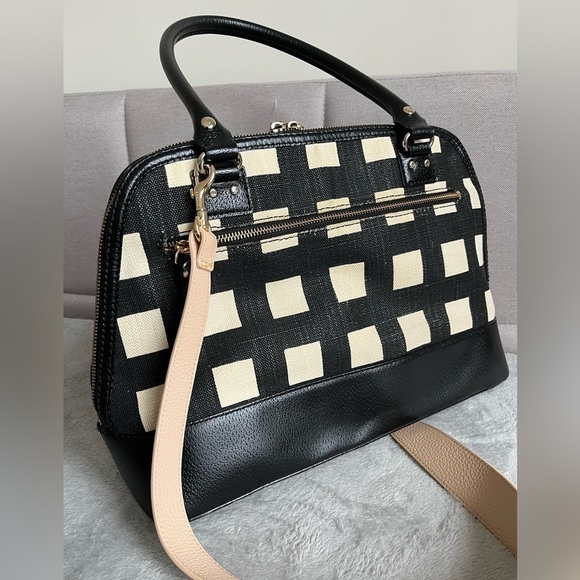 Kate Spade Checkered Shoulder Bag Black & Tan Leather & Canvas Medium Size Purse - Picture 8 of 11